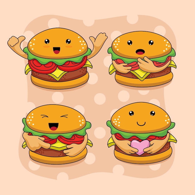 4 Burger Mascot Emoticon Vector Set Design