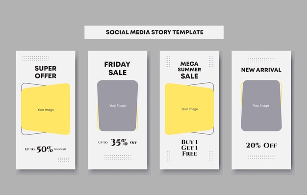 4 collection on editable social network stories template with photo frames in yellow grey and white pastel colors stickers for sale promotion Vector mock up multicolored story set bundle