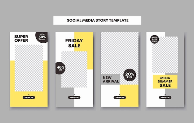 4 collection on editable social network stories template with photo frames in yellow grey and white pastel colors stickers for sale promotion Vector mock up multicolored story set bundle