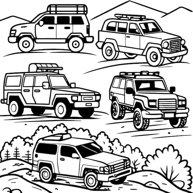 4 Distinct OffRoad Vehicles in Rocky Terrain Black amp White Off Road Jeep Vector Art