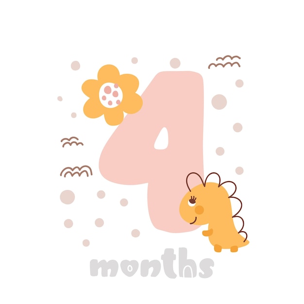 4 four months anniversary card Baby shower print with cute animal dino and flowers