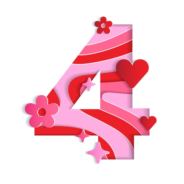 4 Numeric Valentines Day Love Character Font Number Paper Flower Heart 3D Layer Paper Cutout Card