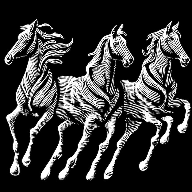 4 purple galloping horses vector illustration engraving