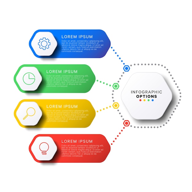 4 steps infographic template with realistic hexagonal elements on white background company