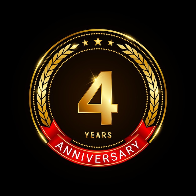 4 years anniversary golden anniversary celebration logotype with red ribbon isolated on black background vector illustration