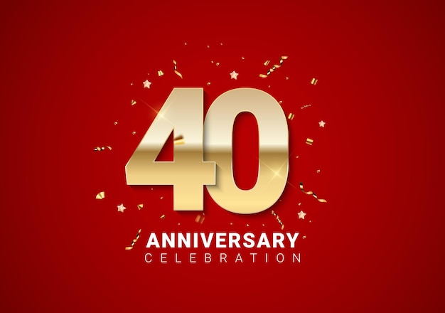 40 anniversary background with golden numbers, confetti, stars on bright red holiday background. Vector Illustration