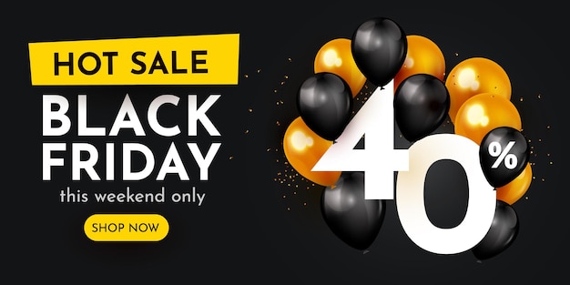 40 percent Off Black Friday creative composition 3d sale symbol with decorative objects Sale banner and poster