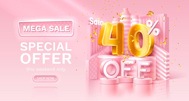 40 percent Special offer mega sale golden confetti podium and gift box Sale banner and poster Vector