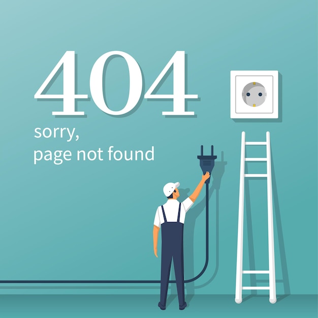 404 Error page not found Connection error Electrical outlet and plug in hand man disabled concept Isolated on background Broken stairs Vector illustration flat design Network support service