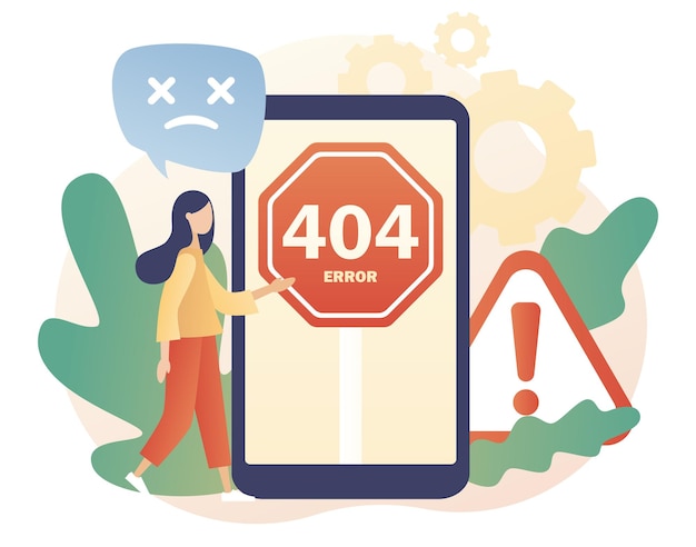 404 error - sign on smartphone screen. Page not found. Tiny woman updates system, installation