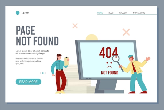 404 error website template Page not found vector flat illustration man holding magnifying glass and woman with notepad