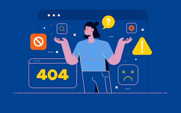 404 internet connection problem message. Concept operating system error warning for web page, banner, presentation, social media. Woman cartoon character confused gesture. Vector Illustration