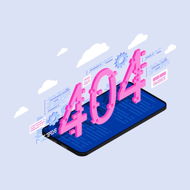 404 numbers on smartphone screen isometric illustration.