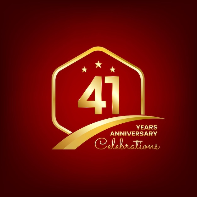 41 years anniversary inside of gold hexagon and curve with red backgrounds