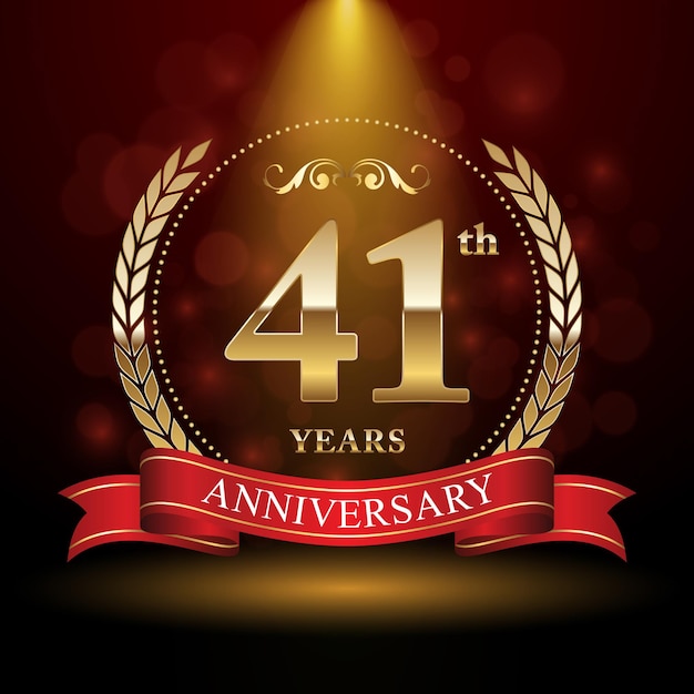 41th anniversary logo design with Laurel wreath and red ribbon Logo Vector Template