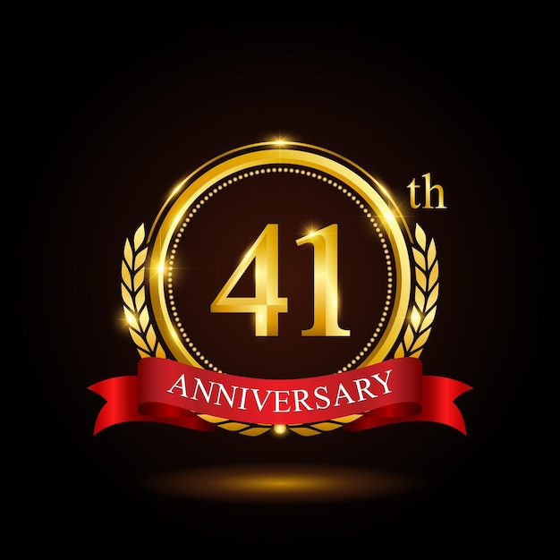 41th golden anniversary template design with shiny ring and red ribbon laurel wreath isolated on black background logo vector