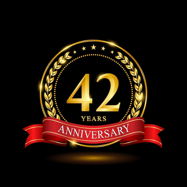 42 Years Anniversary template design with shiny ring and red ribbon laurel wreath isolated on black background logo vector