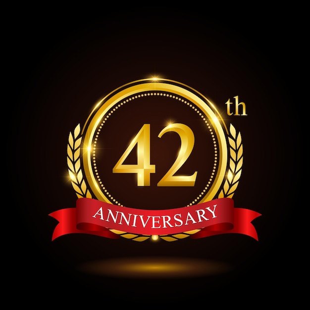 42th golden anniversary template design with shiny ring and red ribbon laurel wreath isolated on black background logo vector