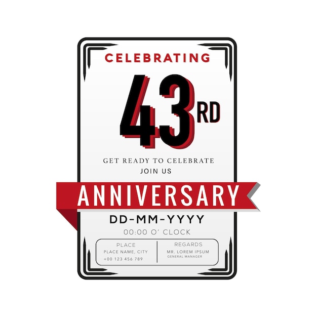 43 Years Anniversary Logo Celebration and Invitation Card with red ribbon Isolated.