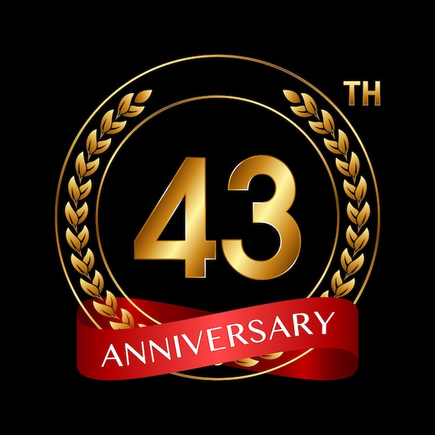 43th Anniversary Logo Design with Laurel Wreath and Red Ribbon Logo Vector Illustration