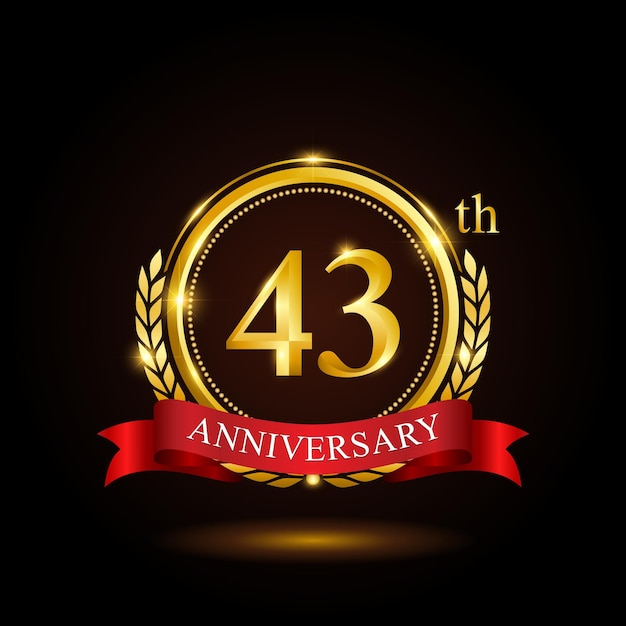 43th golden anniversary template design with shiny ring and red ribbon laurel wreath isolated on black background logo vector