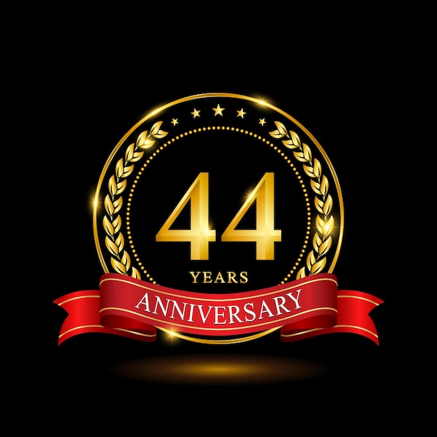 44 Years Anniversary template design with shiny ring and red ribbon laurel wreath isolated on black background logo vector