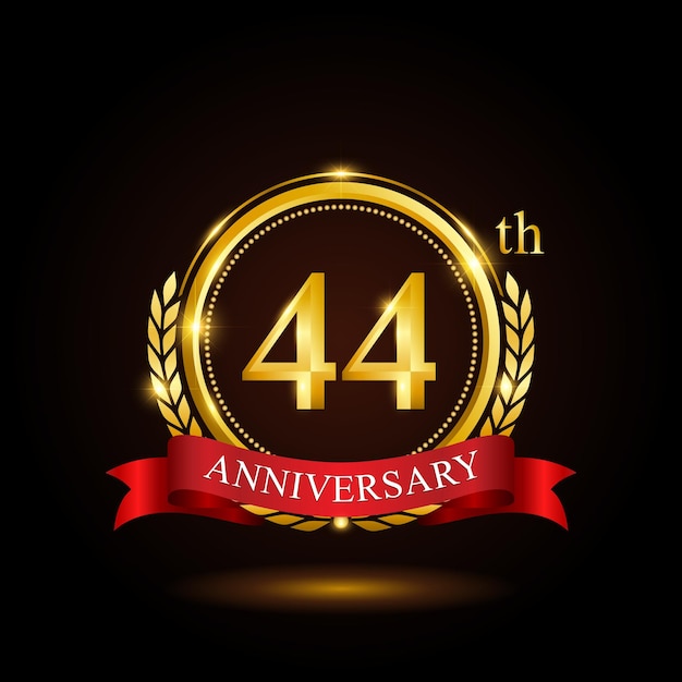 44th golden anniversary template design with shiny ring and red ribbon laurel wreath isolated on black background logo vector