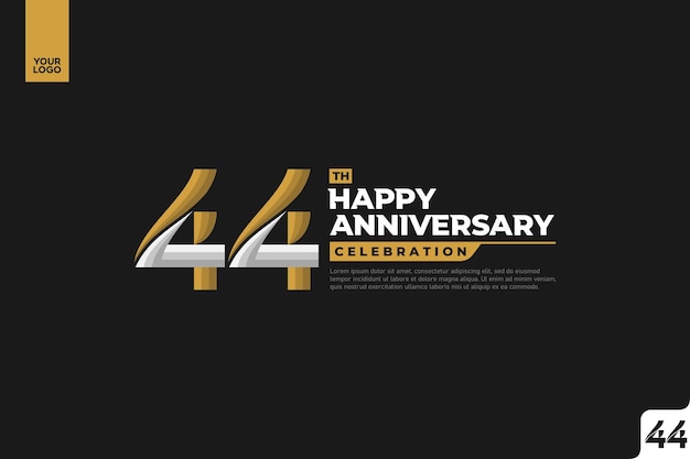 44th happy anniversary celebration with gold and silver on black background