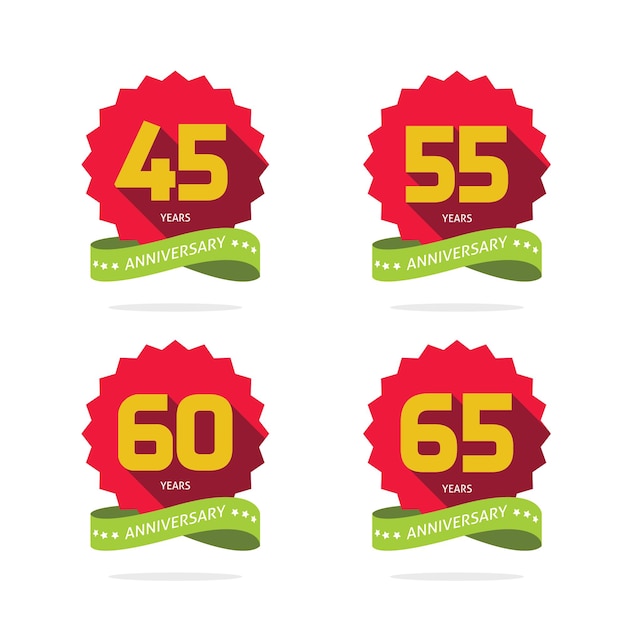 45 55 60 and 65 year anniversary number logo flat red green yellow color icon celebrating