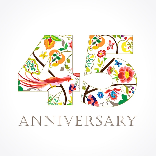 45 years old luxurious celebrating folk logo. Happy 45 th anniversary greetings, ethnic style.