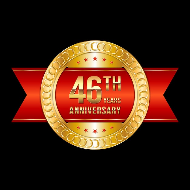 46th anniversary emblem design with gold color and red ribbon Logo Vector Template Illustration