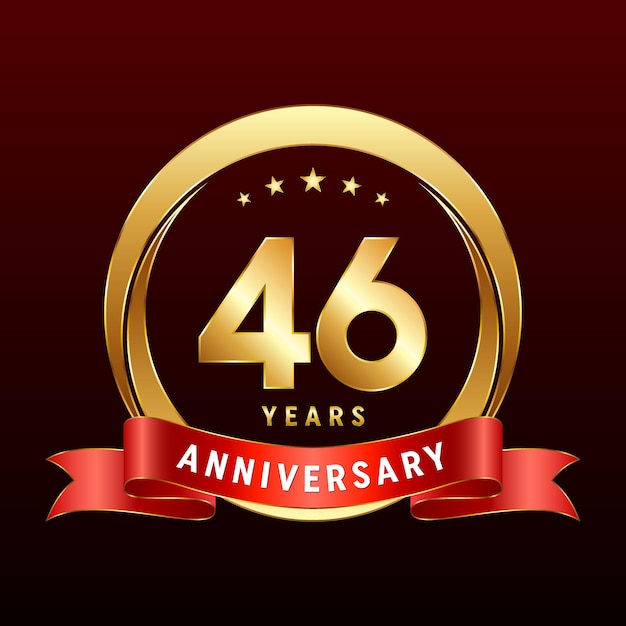 46th Anniversary logo design with golden ring and red ribbon Logo Vector Template Illustration