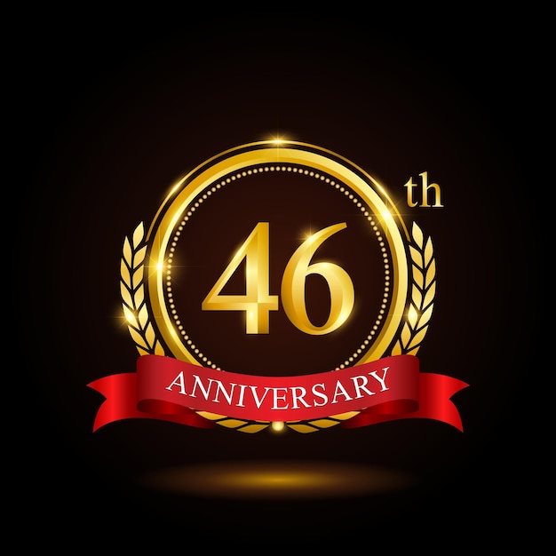 46th golden anniversary template design with shiny ring and red ribbon laurel wreath isolated on black background logo vector