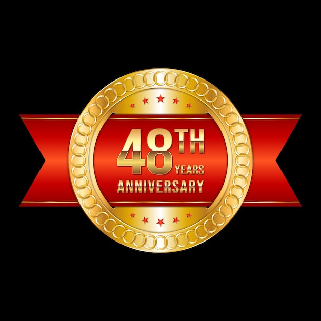 48th anniversary emblem design with gold color and red ribbon Logo Vector Template Illustration