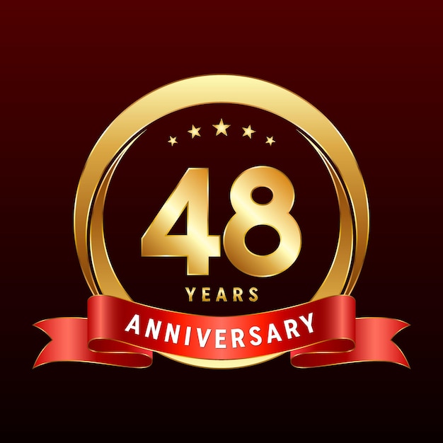 48th Anniversary logo design with golden ring and red ribbon Logo Vector Template Illustration