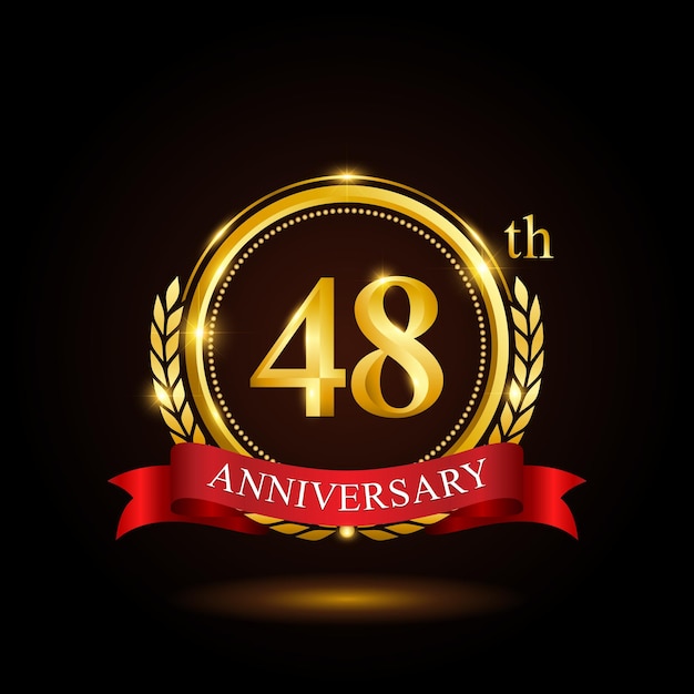 48th golden anniversary template design with shiny ring and red ribbon laurel wreath isolated on black background logo vector