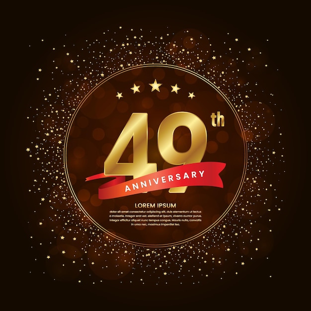 49th anniversary logo with a golden number and red ribbon concept decorated with glitter and stars