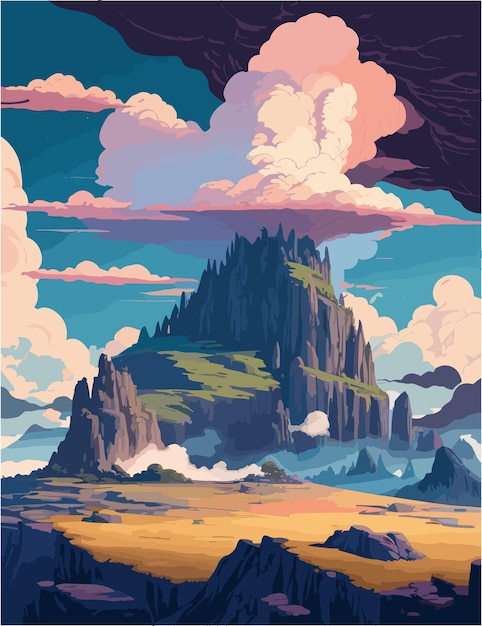 A 4k resolution flat illustration of landscape inspired by thunderstorm mountain and fantasy landmar