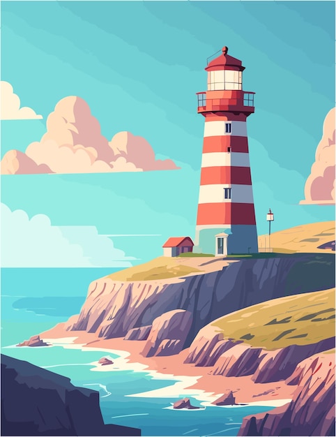 A 4k resolution flat illustration of landscape of lighthouse