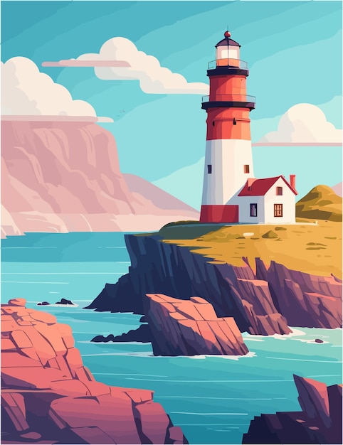 A 4k resolution flat illustration of landscape of lighthouse