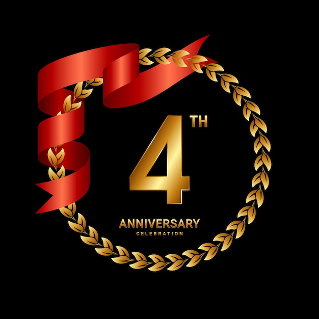 4th Anniversary Logo Design with Laurel Wreath and Red Ribbon Logo Vector Template