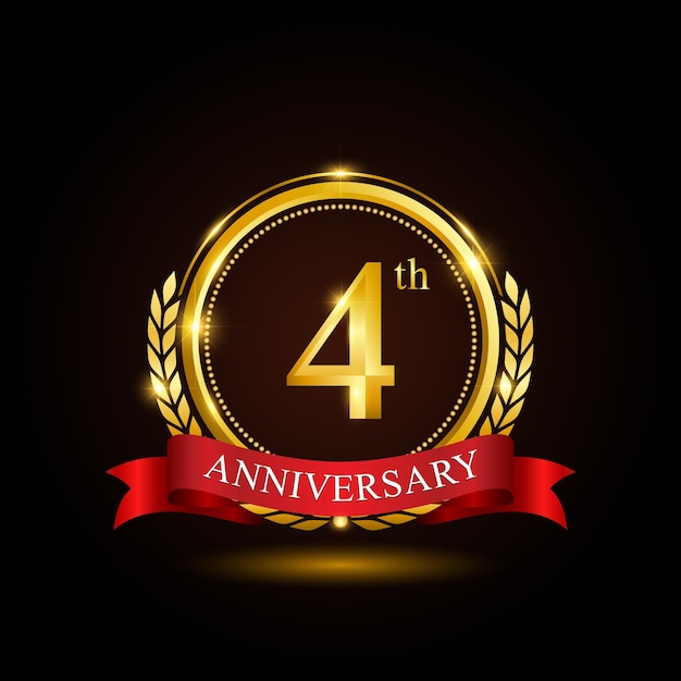 4th golden anniversary template design with shiny ring and red ribbon laurel wreath isolated on black background logo vector