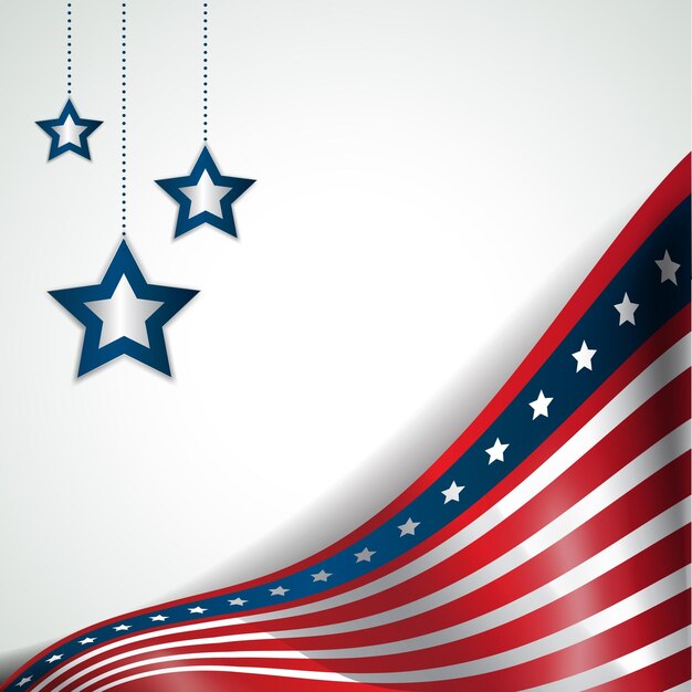 Vector 4th of july banner vector illustration usa flag waving with stars on white rays background