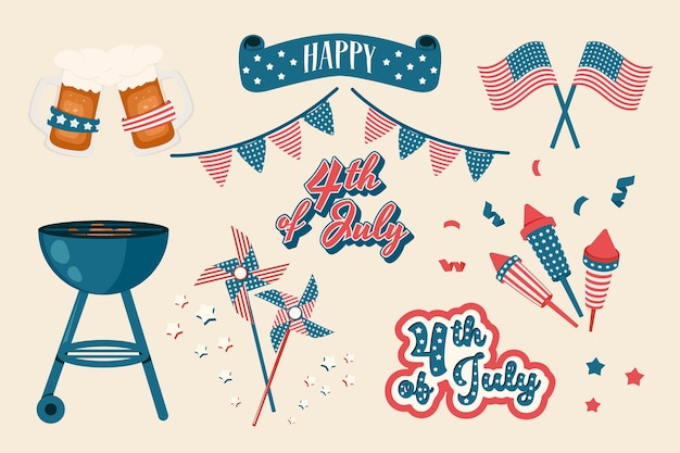 Vector 4th of july barbecue set of american national elements text hat fireworks bbq flag sparkles picnic vector retro illustration for banner poster flyer party decoration holiday celebration