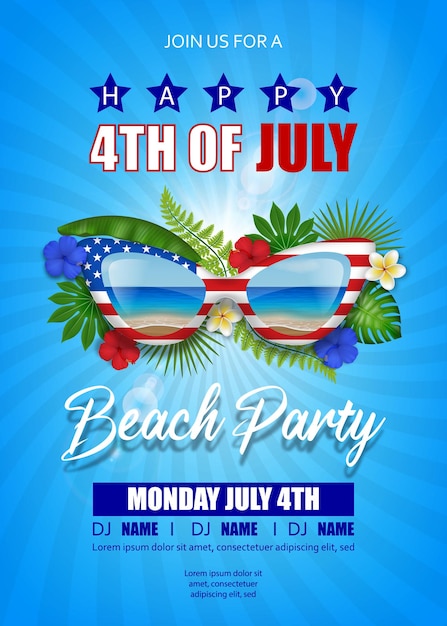 4th of july beach party poster with sunglasses and tropical leaves