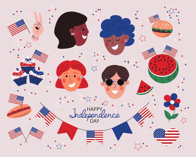 4th July doodle set vector illustration isolated