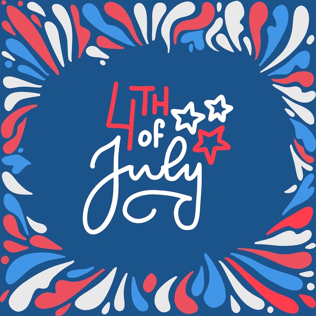 4th of July Happy Independence Day lettering. Patriotic American fireworks shape frame on white red blue color.