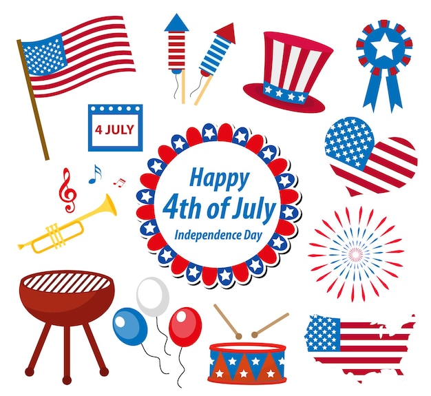 4th July Independence Day America celebration in USA, icons set, design element, flat style.Vector illustration.