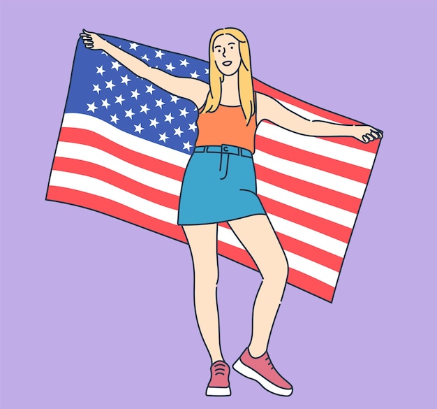 4th of July Independence Day freedom democracy Young excited happy woman holds a big USA flag and celebrating Flat vector illustration