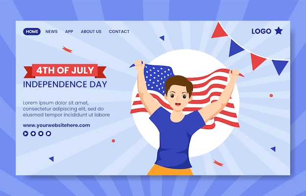 4th of July Independence Day USA Social Media Landing Page Flat Cartoon Hand Drawn Template Illustration